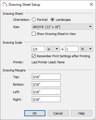 Drawing Sheet Setup dialog where a scale can be specified