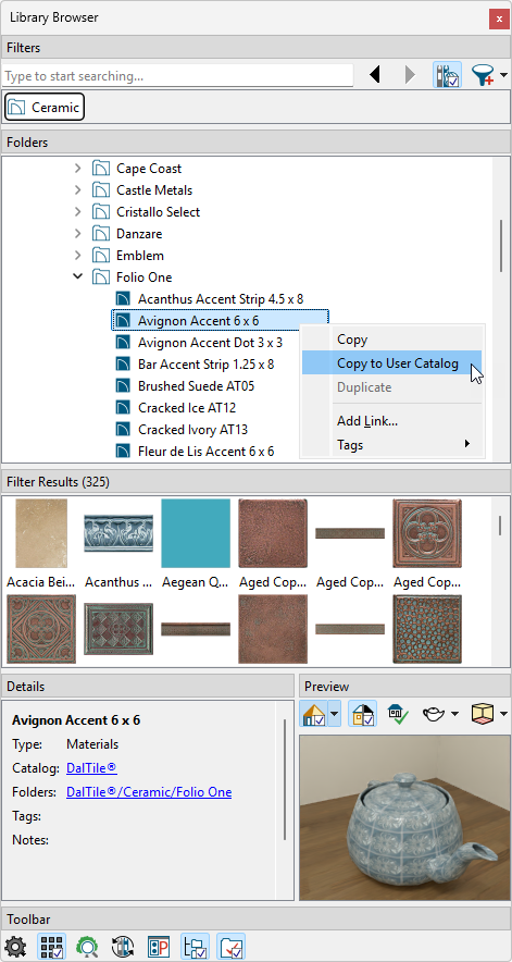 Right-click on the material you'd like to use, and choose Copy to User Catalog.
