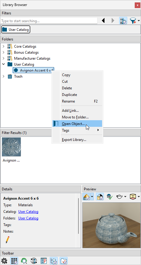 Right-click on the material within your User Catlaog and choose Open Object.