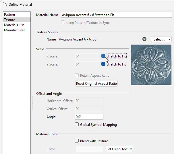 Name your material and on the Texture panel check the Stretch to Fit checkboxes.