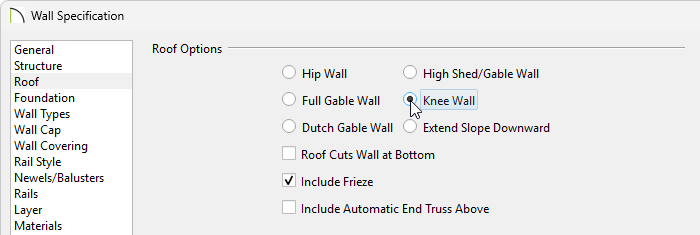 In the Wall Specification set the Roof Option to Knee Wall.