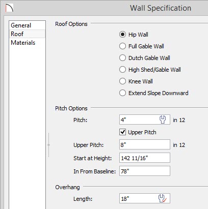 Set upper and lower Pitch for roof bearing on this wall Wall Specification dialog – Roof panel – Upper Pitch of 8 in 12 and lower Pitch of 4 in 12 specified with 78” set for In From Baseline value