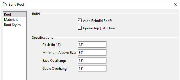 Build Roof dialog changing the pitch of the roof