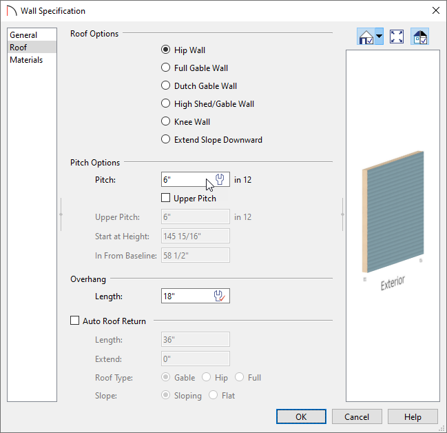 Wall Specification dialog changing the Pitch on the Roof panel