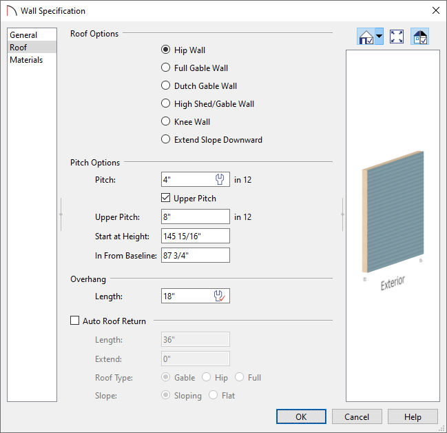 Setting the pitch and upper pitch in the Wall Specification dialog on the Roof panel