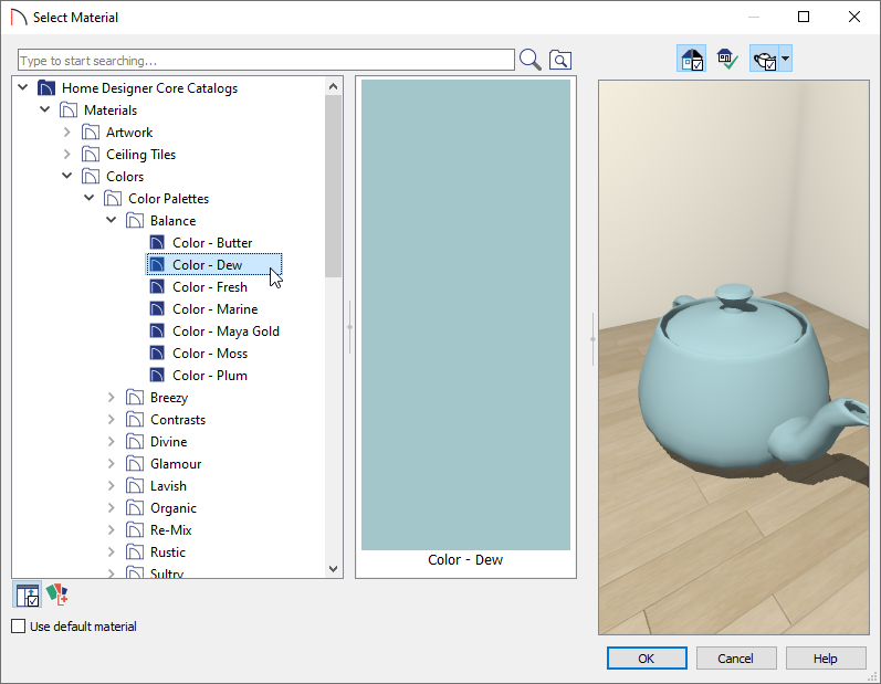 Select Material dialog showing a color selected for the Material Painter tool