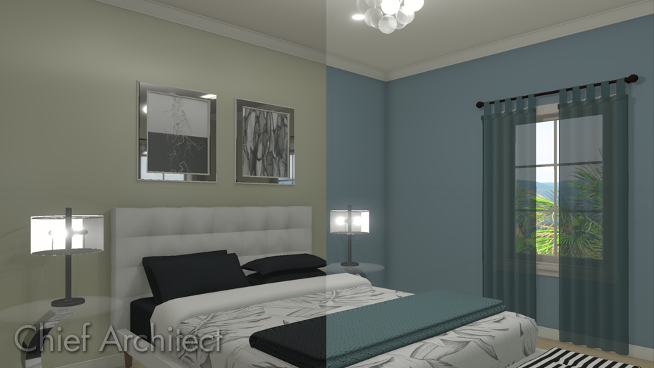 Showing a room before and after using the Blend Colors with Materials tool