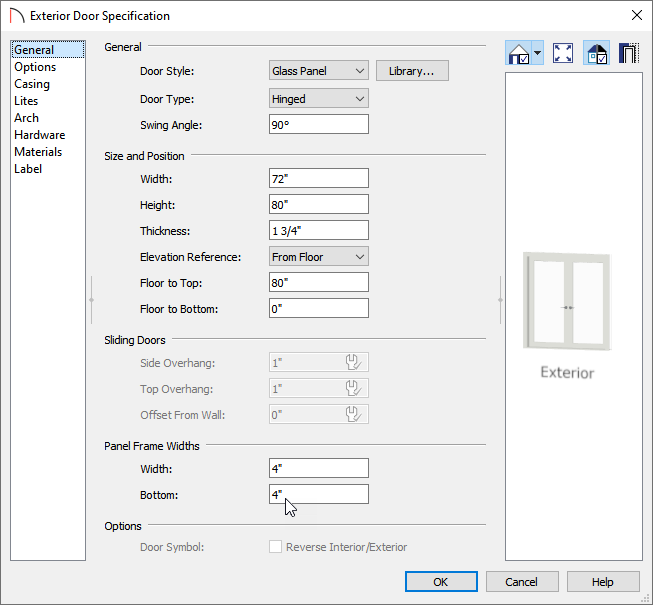 Exterior Door Specification dialog with Glass Panel selected for the Door Style and 4” entered for the Panel Frame Options Bottom value