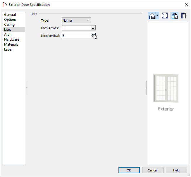 Exterior Door Specification dialog with 3 entered for Lites Across and 5 entered for Lites Vertical on the Lites panel