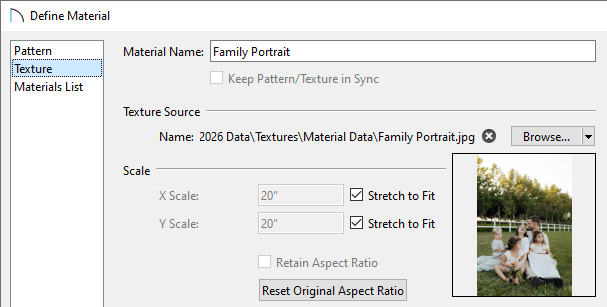 Define Material dialog displaying the custom picture