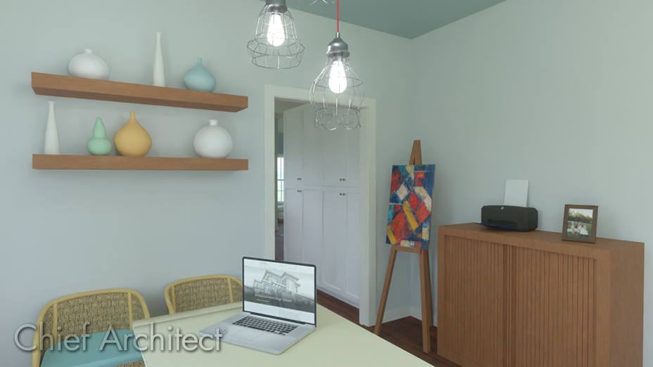 Office with a laptop, shelves, printer, picture frame, and paint canvas Custom pictures added to paint canvas, laptop screen, and picture frame