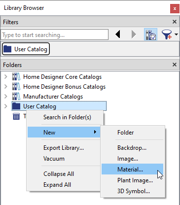 Create a New Material by right-clicking on the User Catalog