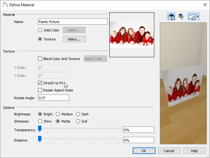 Define Material dialog displaying the custom picture