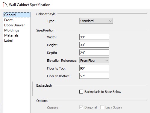 General panel of the Wall Cabinet Specification dialog