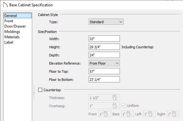 General panel of the Base Cabinet Specification dialog