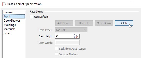 Select the Delete button to remove the toe kick