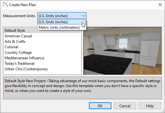 Create New Plan dialog showing drop-down list for Measurement Units which include U.S. Units (inches) and Metric Units (millimeters) and a list of templates below