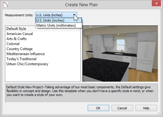 Create New Plan Create New Plan dialog showing drop-down list for Measurement Units which include U.S. Units (inches) and Metric Units (millimeters) and a list of templates below