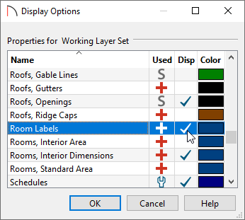 Checking the "Room Labels" layer in the Display Options dialog