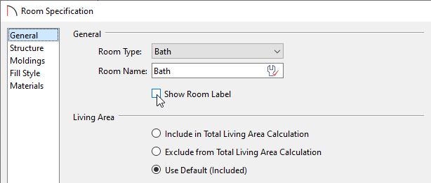 Checking the Show Room Label box in the Room Specification dialog