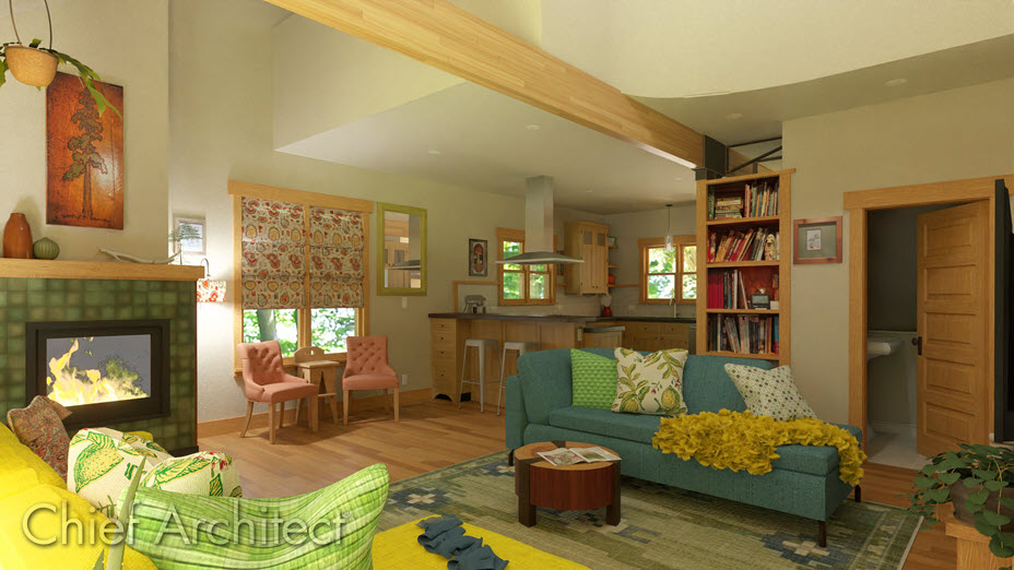 Warm living area with a fireplace, which then leads into a shared dining and kitchen Roman blinds on a window in a living space