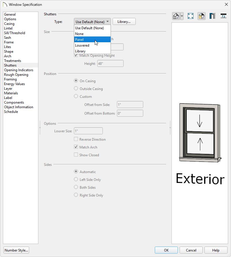 Window Specification dialog on the Shutters panel setting the Type