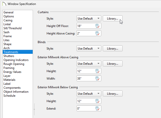 Treatments panel of the Window Specification dialog