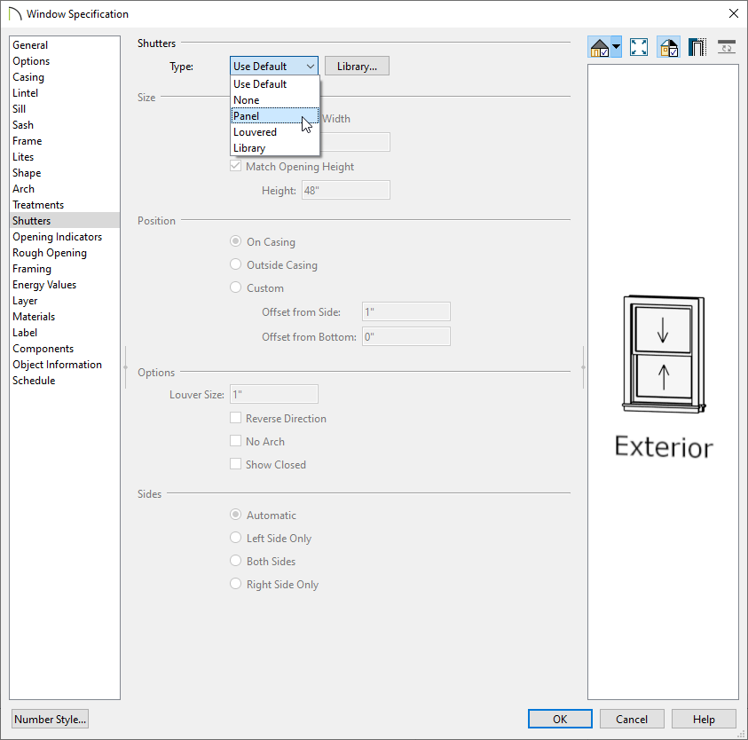 Window Specification dialog on the Shutters panel setting the Type