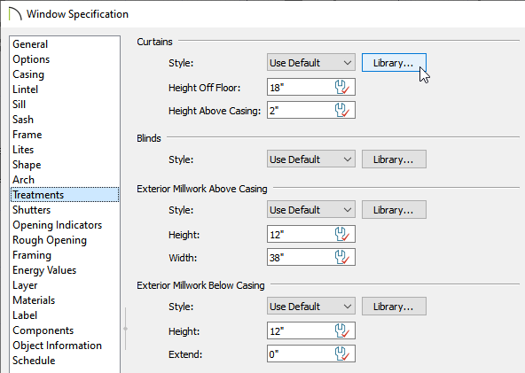 Treatments panel of the Window Specification dialog