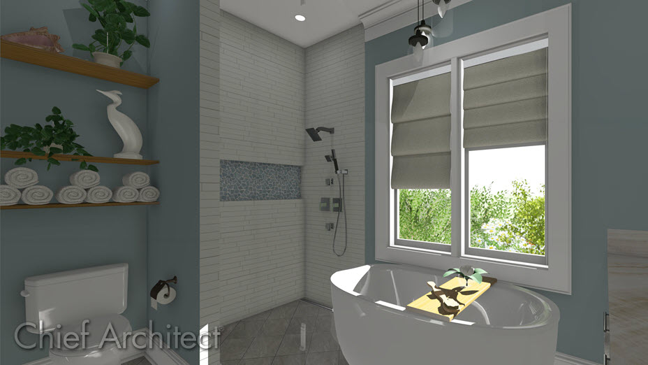 Roman blinds on windows in a bathroom