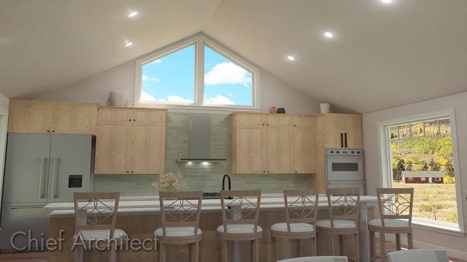 Camera view looking at a kitchen with an island Kitchen with a cathedral ceiling.