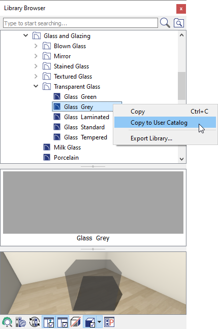 Select the Copy to User Catalog option in the contextual menu for the material