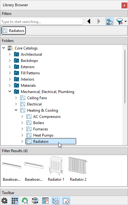 Using the Library Browser to find a Radiator
