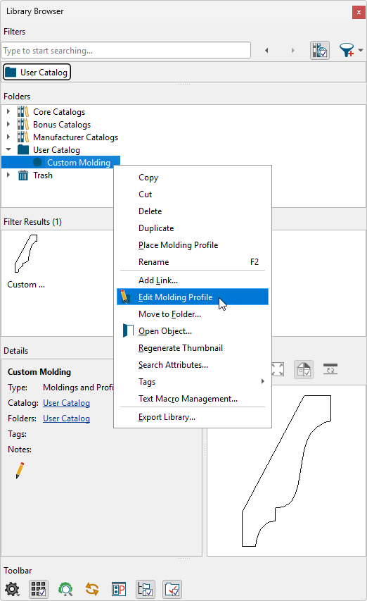 Right-click on the molding profile and choose Edit Molding Profile.