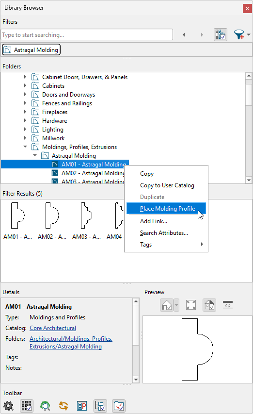 Selecting the Place Molding Profile option for a molding in the Library Browser