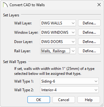 Convert CAD to Walls dialog with the wall, window, door and rail layers selected as well as two wall types