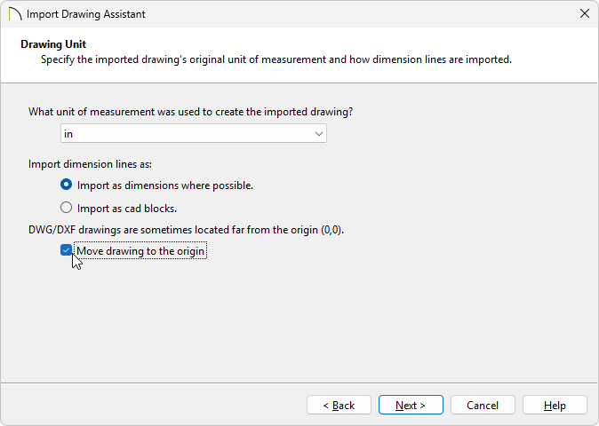 Drawing Unit section of the Import Drawing Assistant