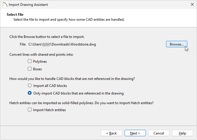 On the Select File section, click Browse to find and select your DWG file.