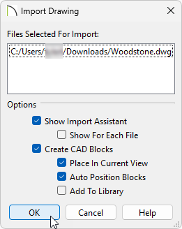 In the Import Drawing dialog, check the box for Show Import Assistant and uncheck Create CAD Blocks.