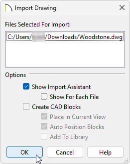 In the Import Drawing dialog, check the box for Show Import Assistant and uncheck Create CAD Blocks.