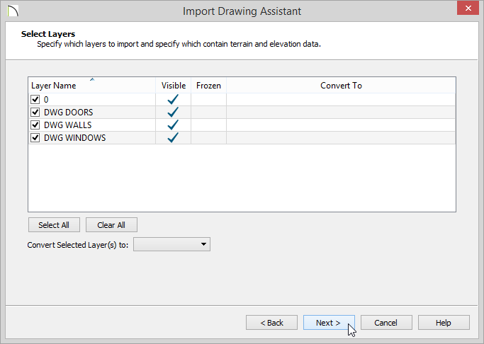 Import Drawing Assistant - Select Layers Select Layers - all layers selected