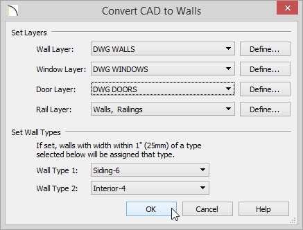 Convert CAD to Walls Convert CAD to Walls dialog with the wall, window, door and rail layers selected as well as two wall types