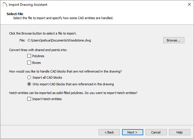 Select File portion of the Import Drawing Assistant