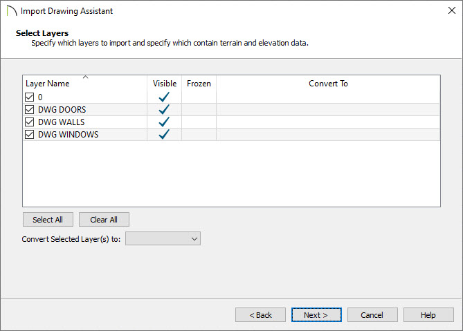 Select Layers section of the Import Drawing Assistant