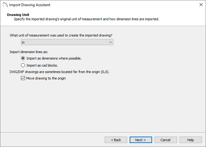 Drawing Unit section of the Import Drawing Assistant