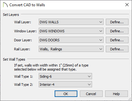 Convert CAD to Walls dialog with the wall, window, door and rail layers selected as well as two wall types