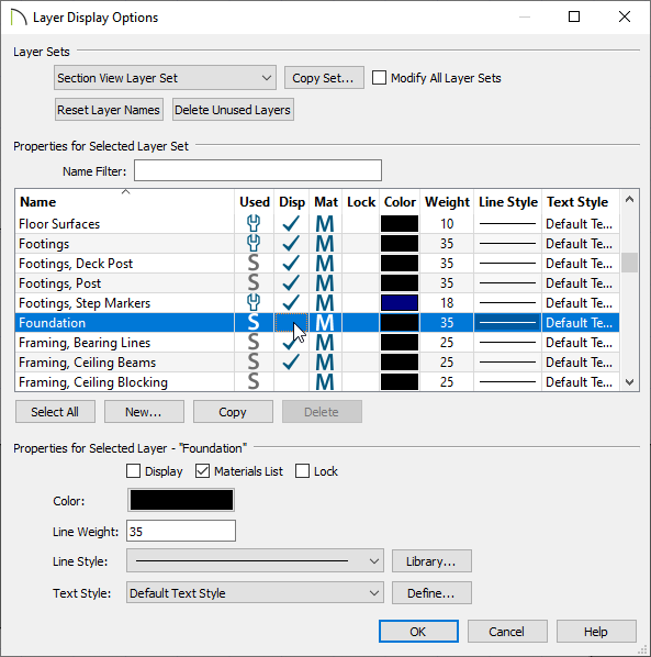 Turning off the Foundation layer in the Section View Layer Set