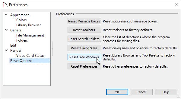 Select the Reset Side Windows button on the Reset Options panel of the Preferences dialog