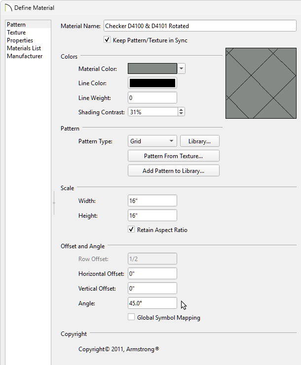 In the Define Material dialog, on the Pattern panel, you can adjust your pattern's rotation.