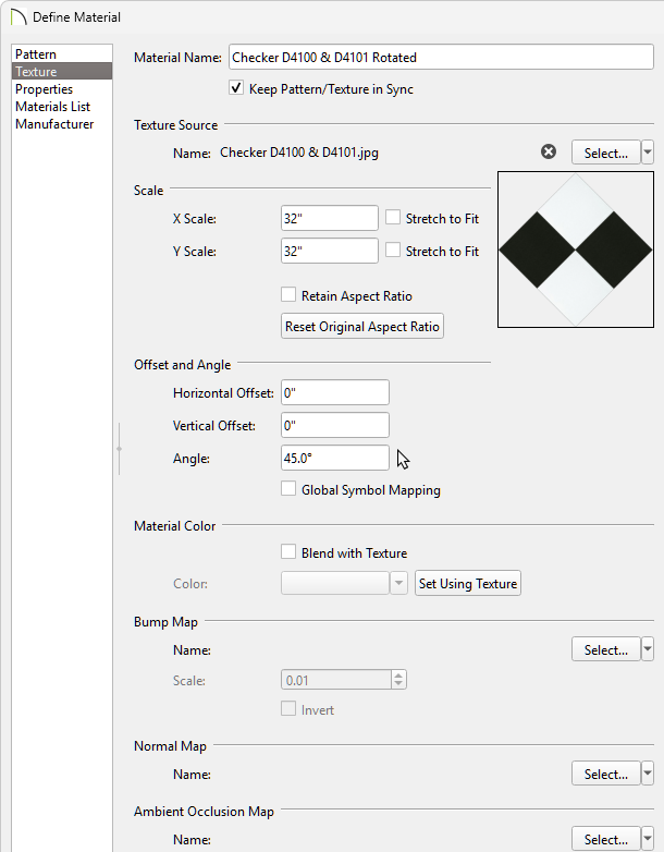 In the Define Material dialog, on the Texture panel, you can adjust your texture's rotation.